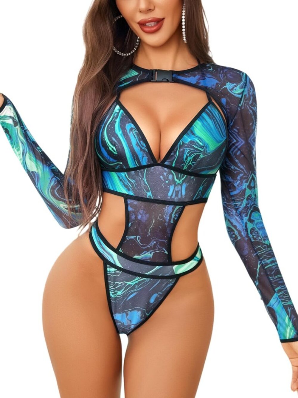 Rave Outfits for Women Festival Sexy Lingerie Bodysuit Buckle Shrug Crop Top Set